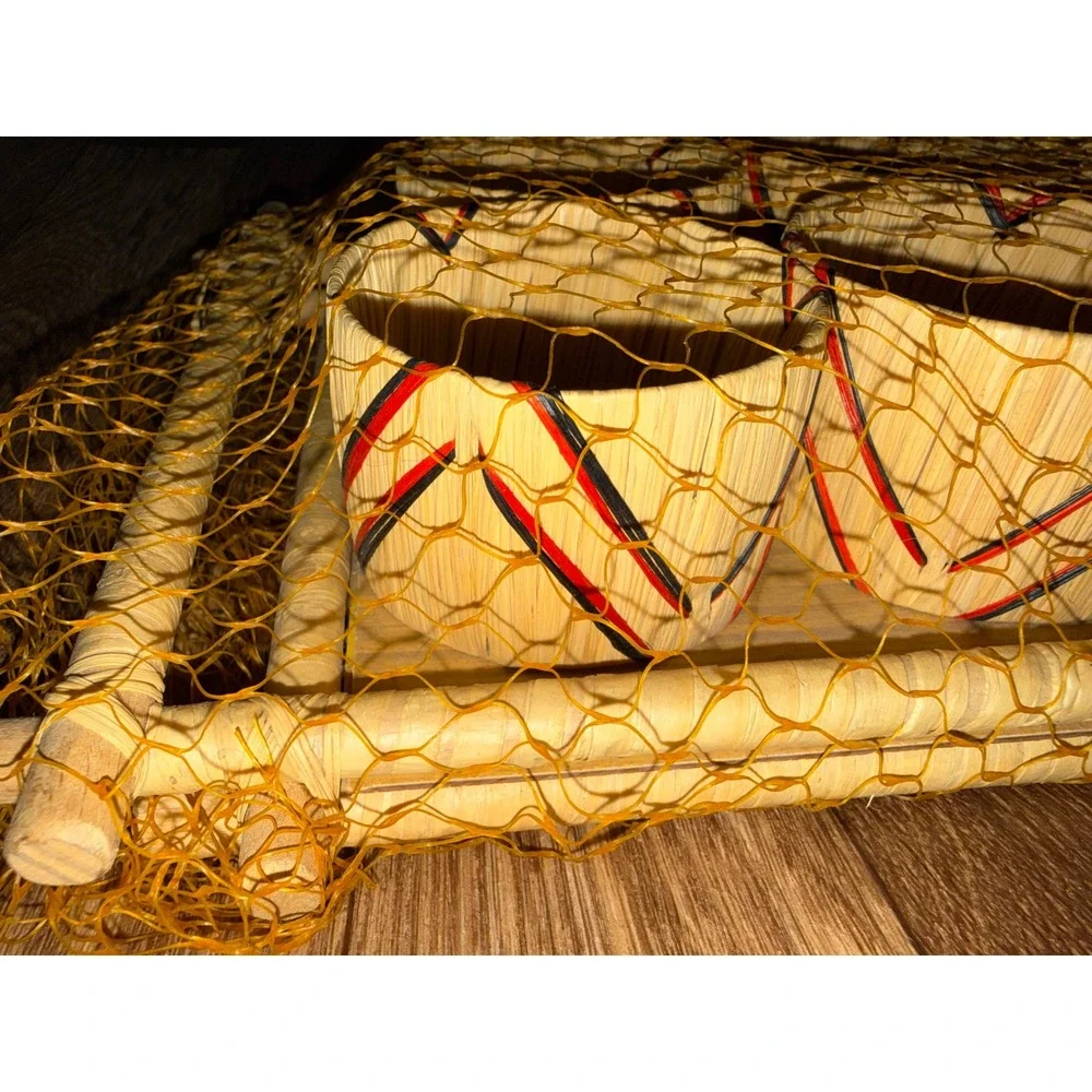 Vintage Tiki Bar Set 6 Woven Grass Cups Bamboo Tray Yellow Netting Tropical Luau